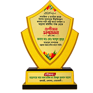 কাস্টমাইজড প্রিমিয়াম মেটালিক গোল্ডেন শিল্ড শেপ গুণীজন ও সামাজিক সম্মাননা স্মারক ক্রেস্ট (Customized Metallic Golden Shield Shaped Honor Crest)